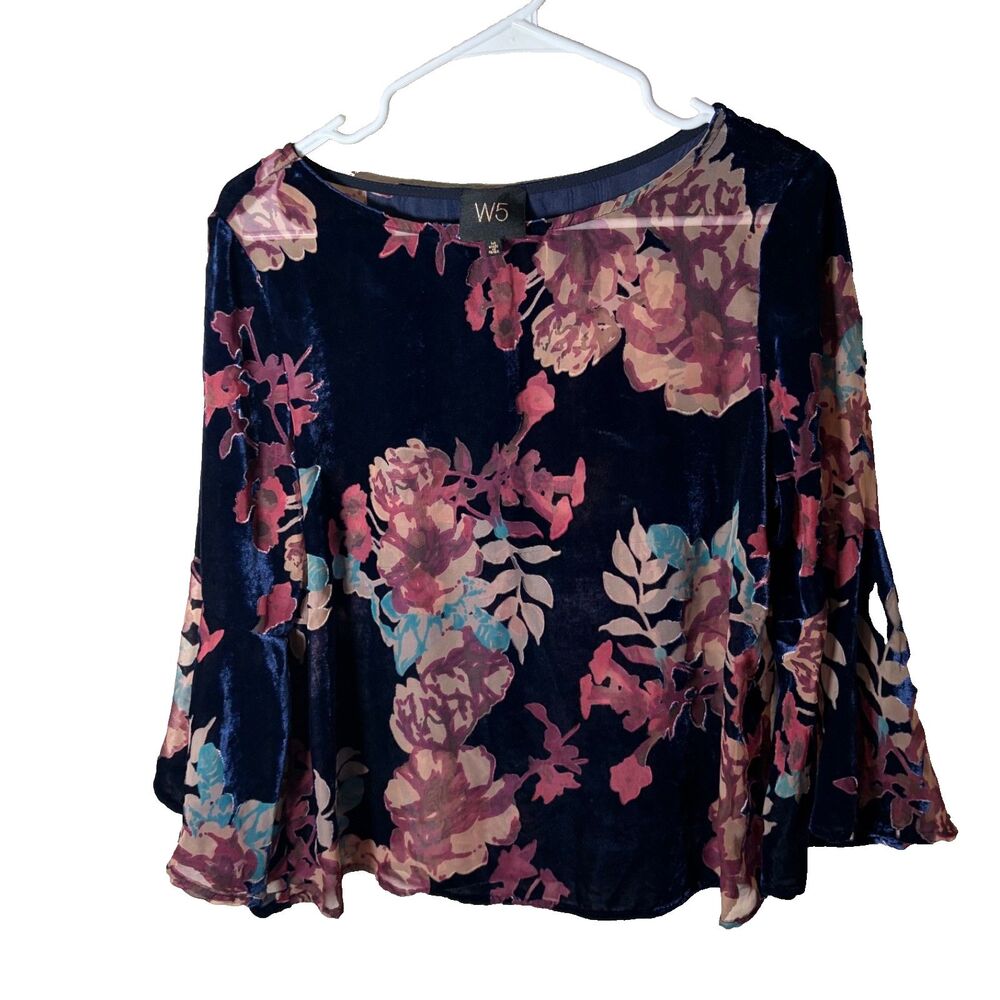 W5 Blouse Women's Medium Velvet Velour Flare Casual Boat Neck Shirt Top
